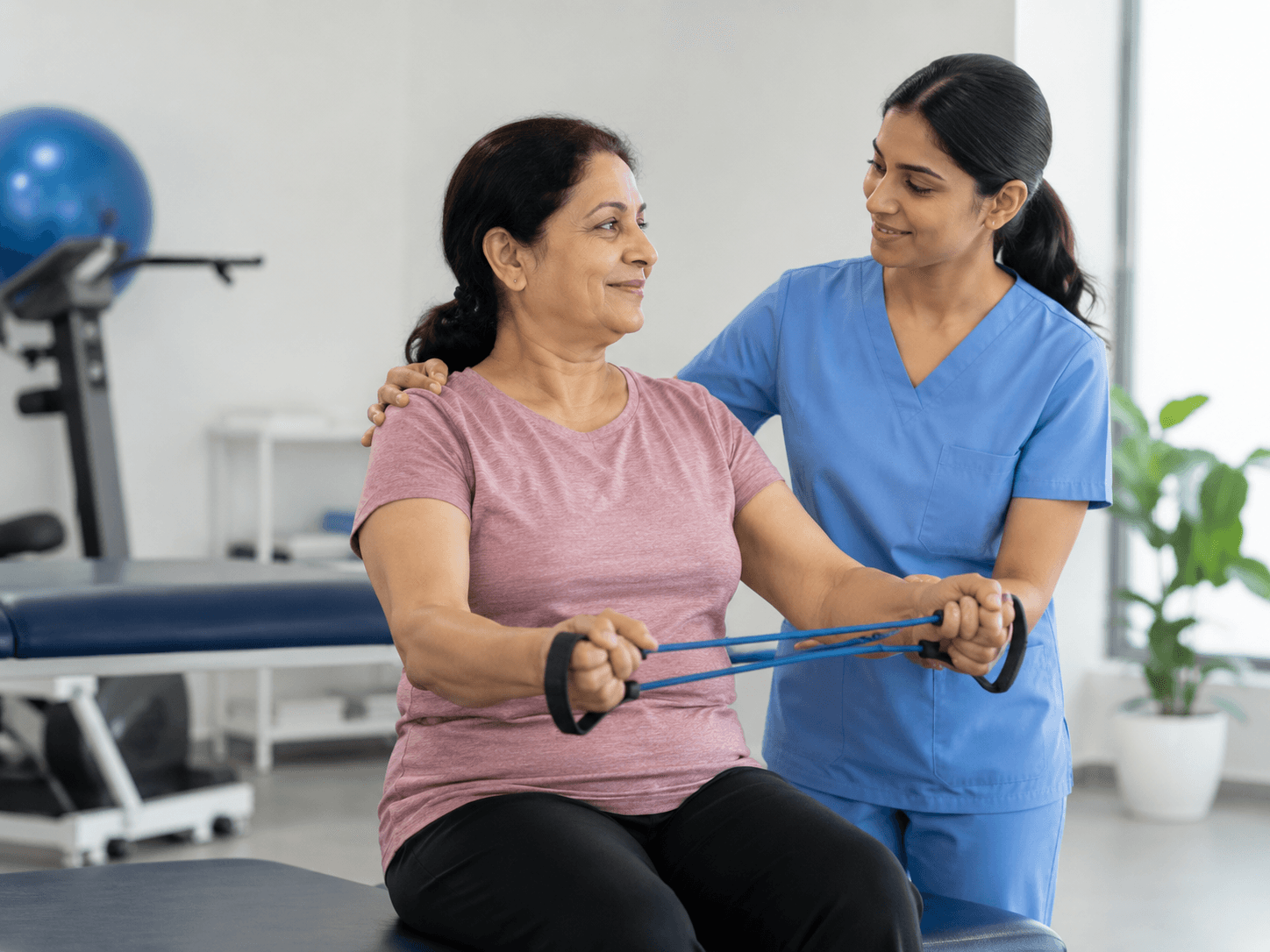 Physiotherapist guiding safe seated resistance exercise