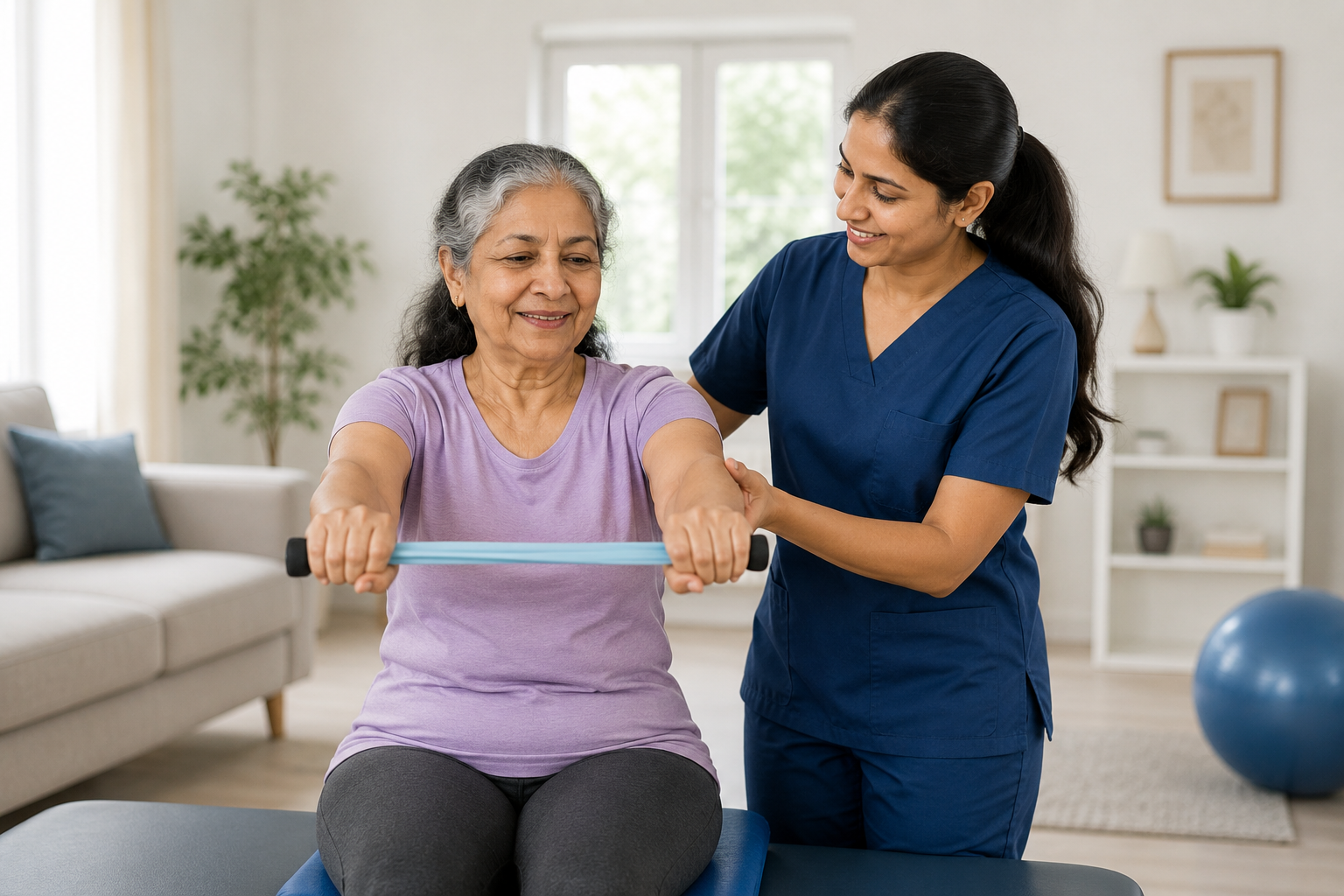 Physiotherapist assisting an elderly patient during home care